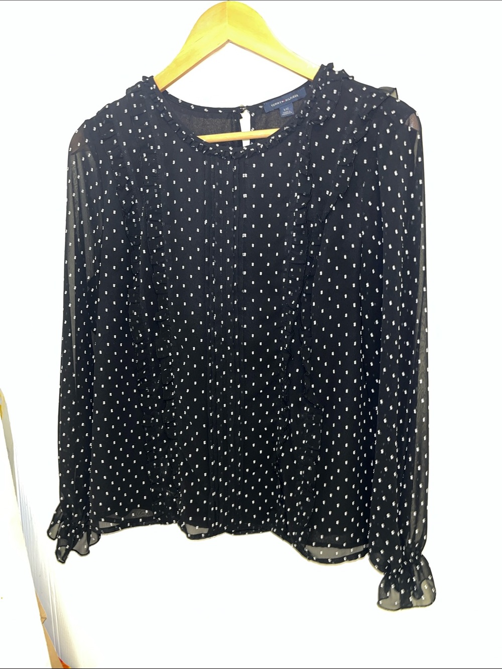 Tommy Hilfiger Black Sheer Polka Dot Ruffle-Trim Blouse